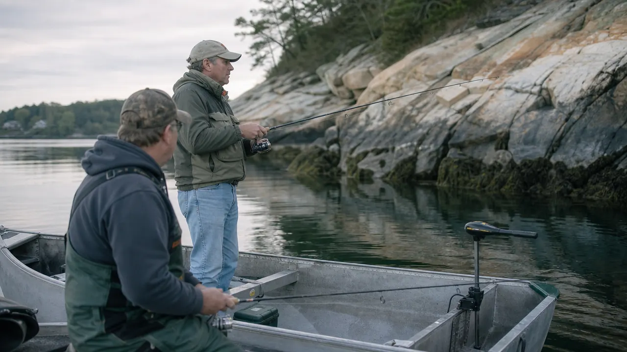Two anglers fishing from a small boat near a rocky, unfamiliar cove on a calm morning