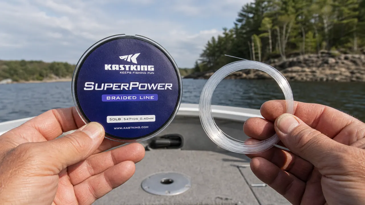 Close-up comparison of a thin spool of braided fishing line held next to a thicker spool of monofilament