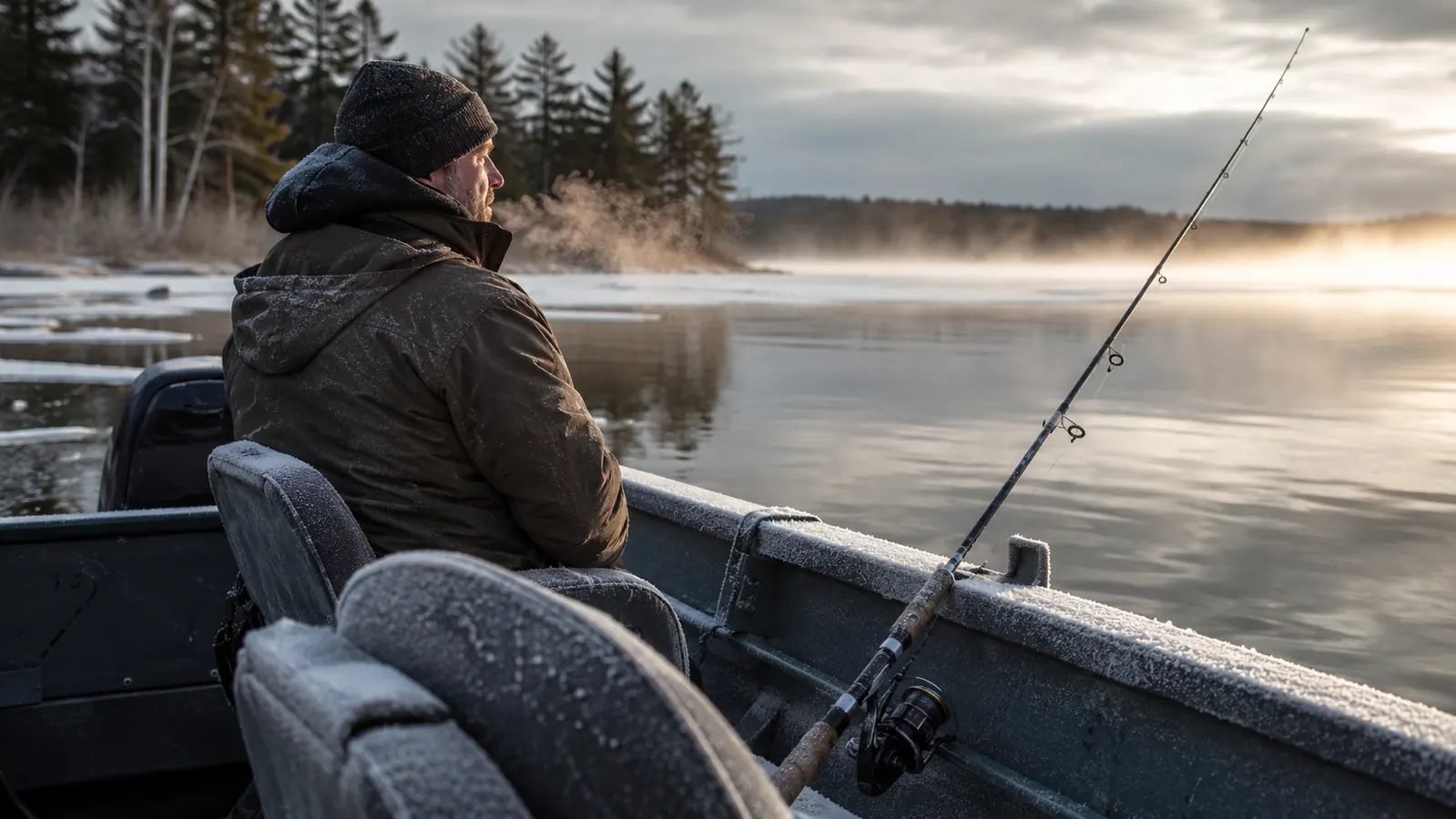 Frost on a boat gunwale at first light with a rod and reel resting against the seat