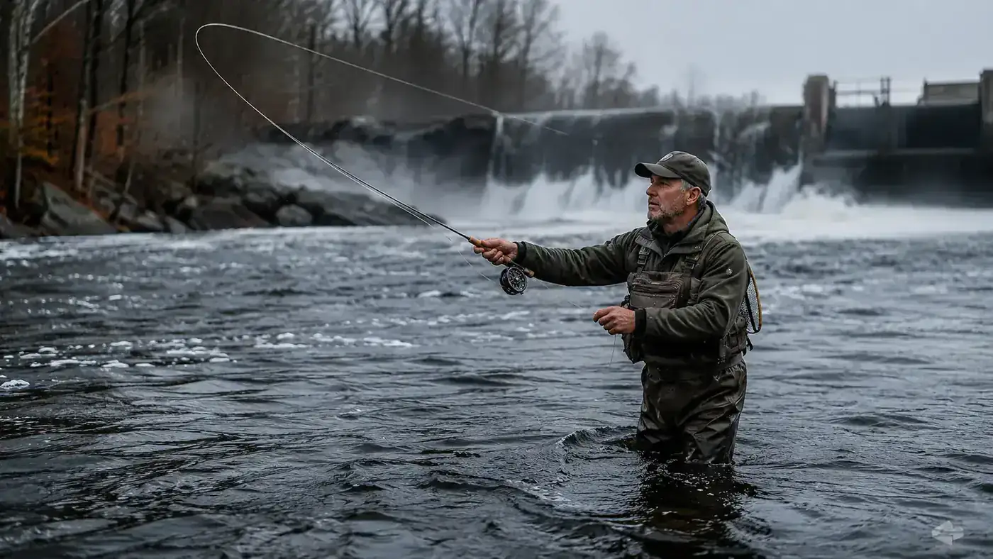Angler in chest waders standing thigh-deep in a rocky river casting a fly line in early spring