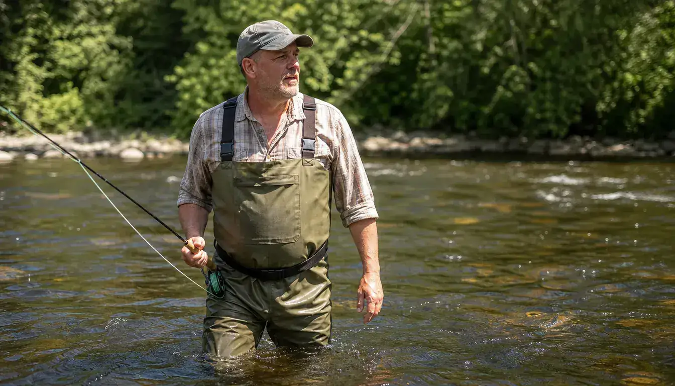 Angler wading a sunlit river in chest waders on a hot summer afternoon with visible sweat at his collar