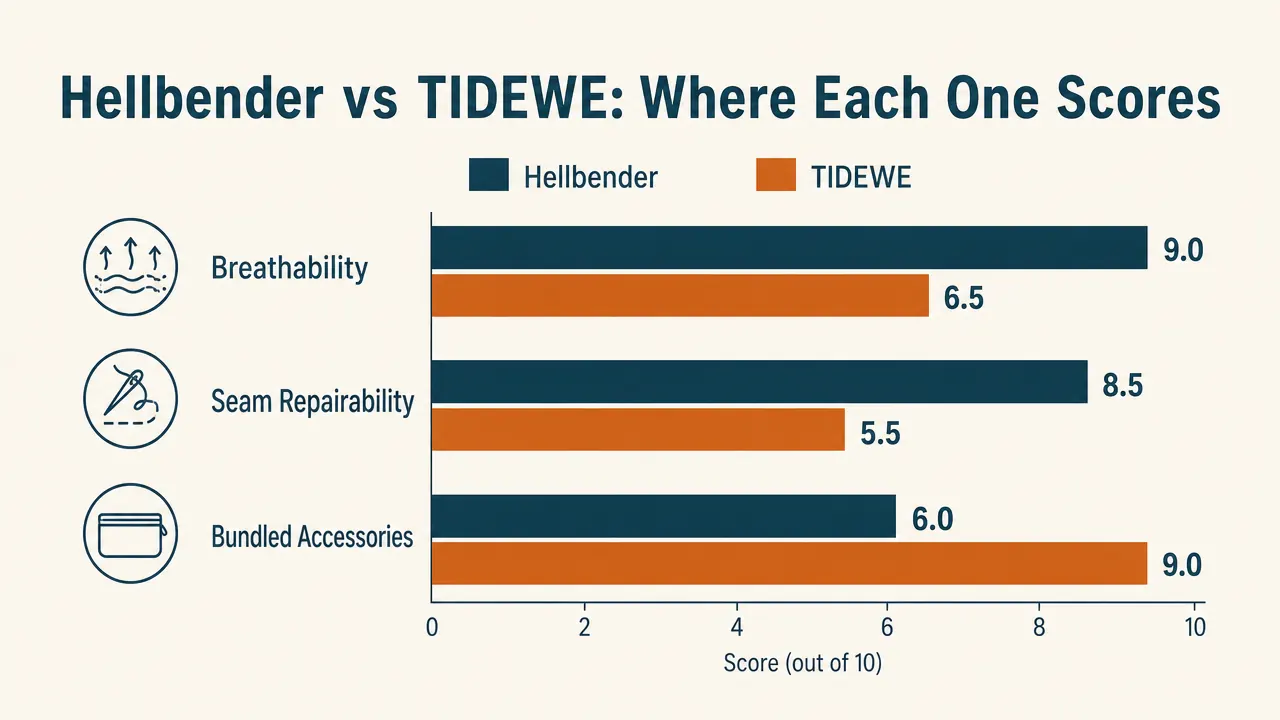 Bar chart comparing breathability, seam durability, and included accessories between the Frogg Toggs Hellbender and TIDEWE waders