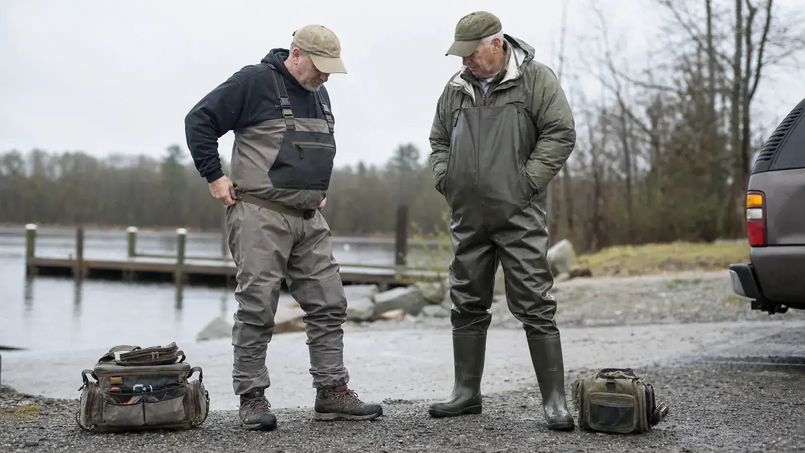 Two anglers standing at a riverbank boat launch, one in stockingfoot waders and wading boots, the other in bootfoot rubber wading boots