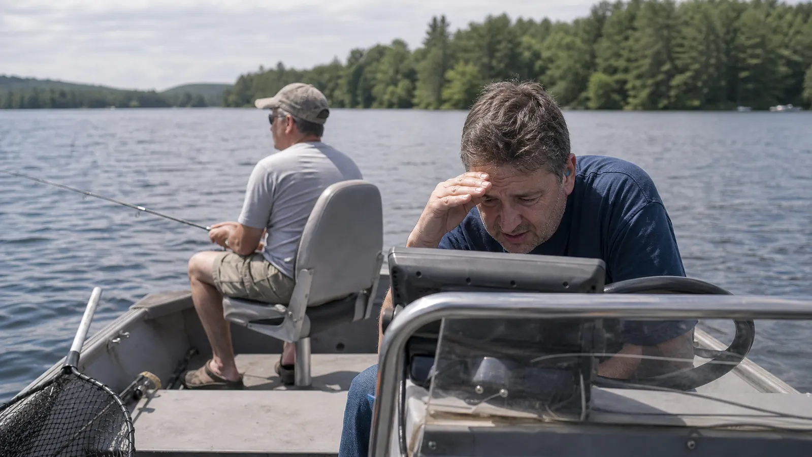 Two anglers on a small boat, one shading a fish finder screen with his hand against bright glare