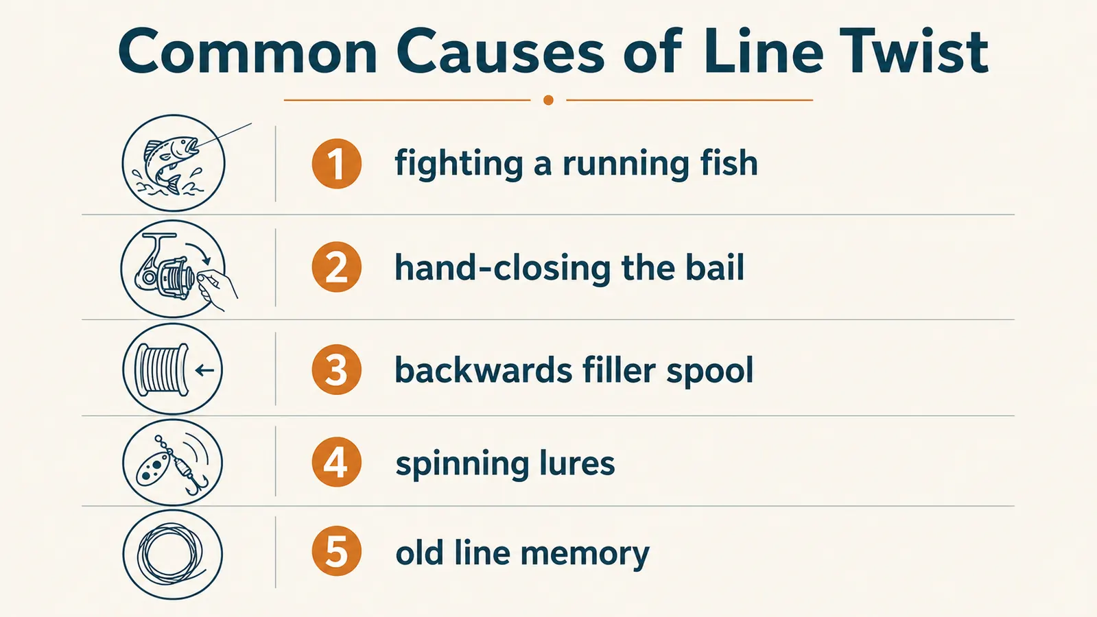 Diagram-style chart showing the common causes of line twist on a spinning reel and their fixes