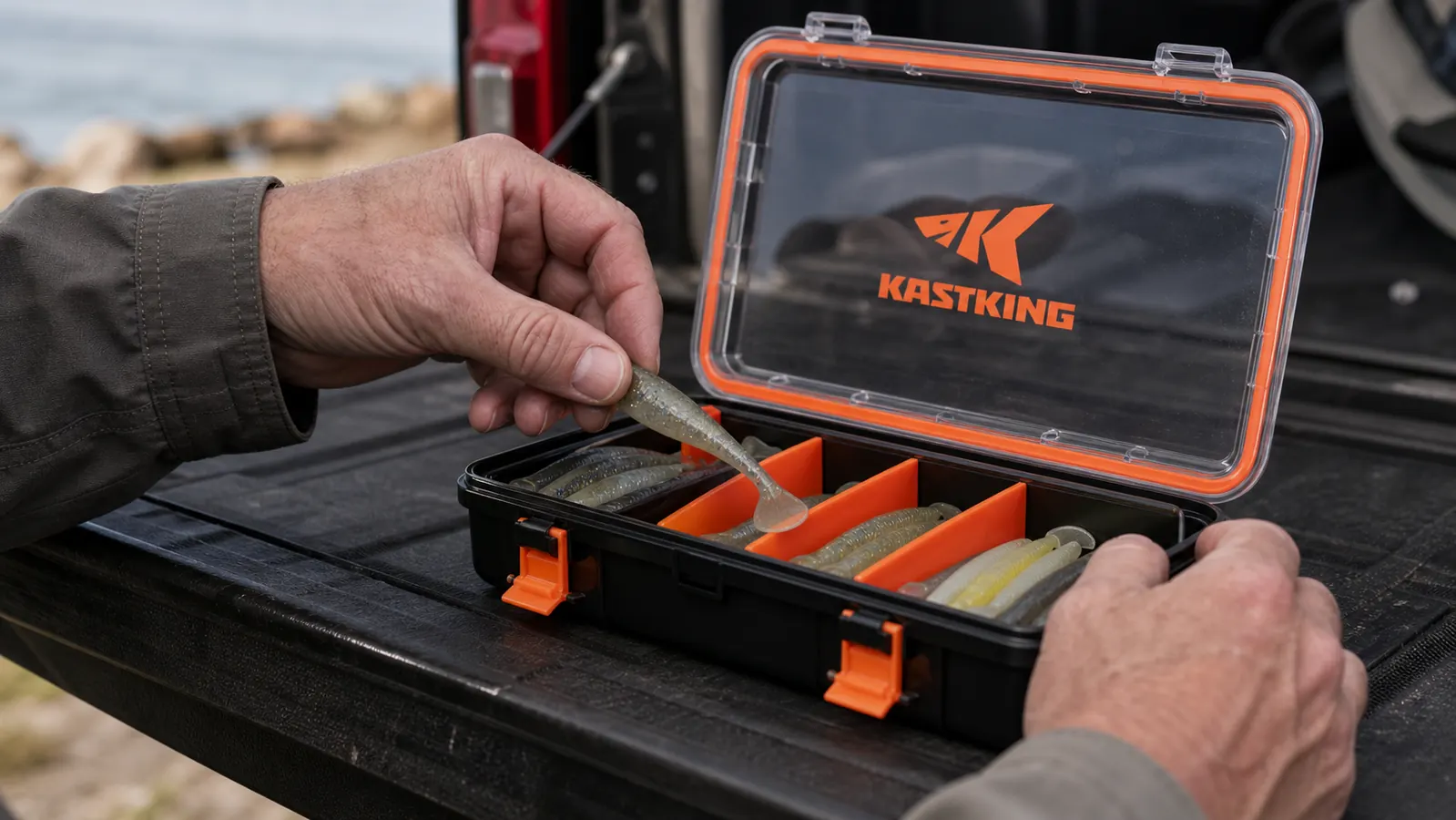 A hand sorting lures into a labeled compartment of a KastKing utility tackle box tray