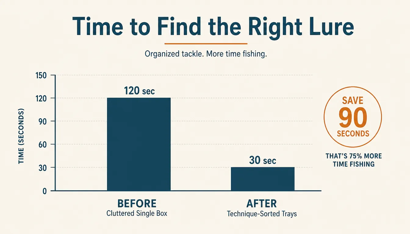 Chart comparing time spent searching for the right lure before and after switching to a technique-sorted tackle box