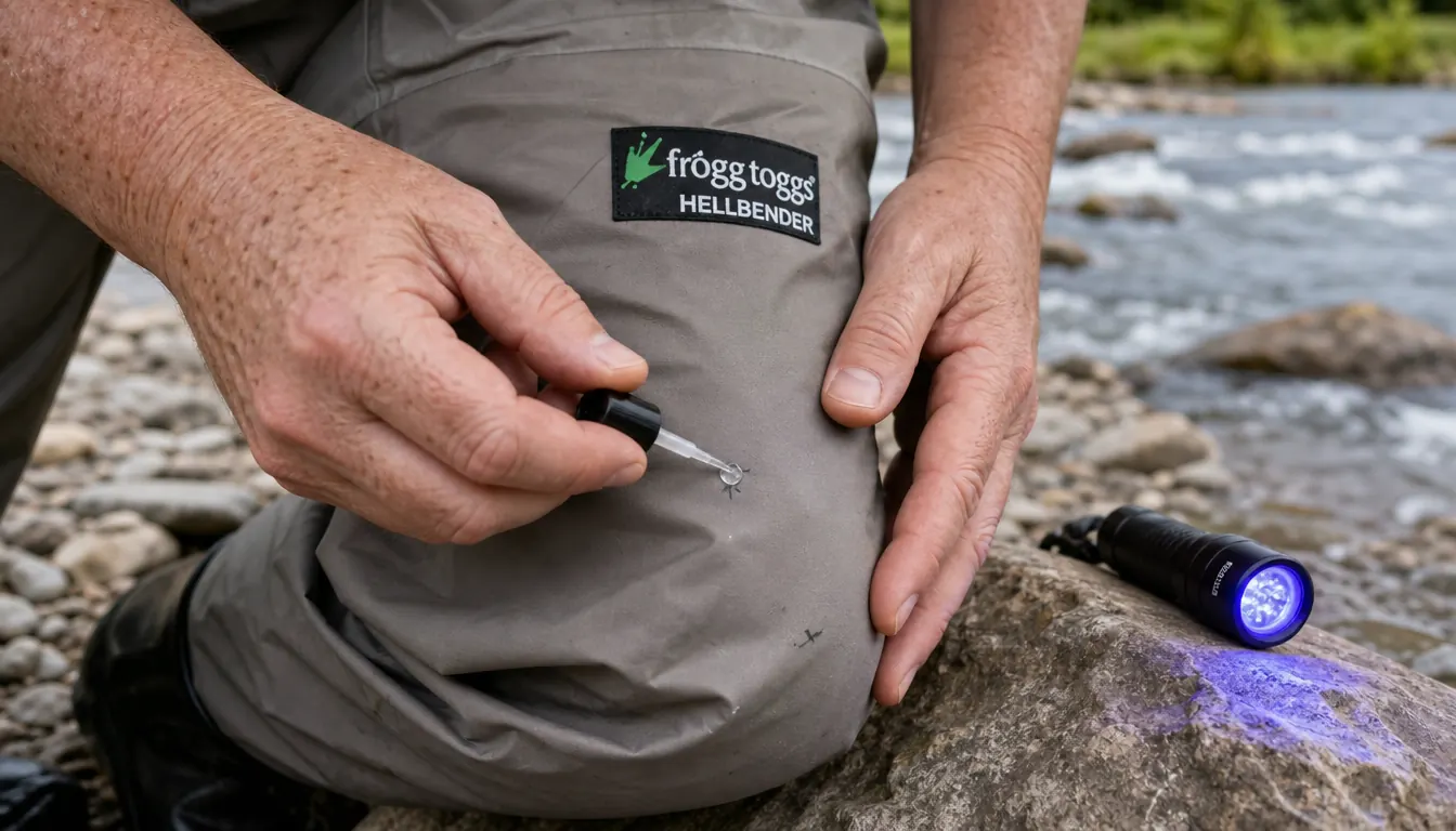 Close-up of hands applying a UV-cure resin patch to the outside of a wader leg on a riverbank