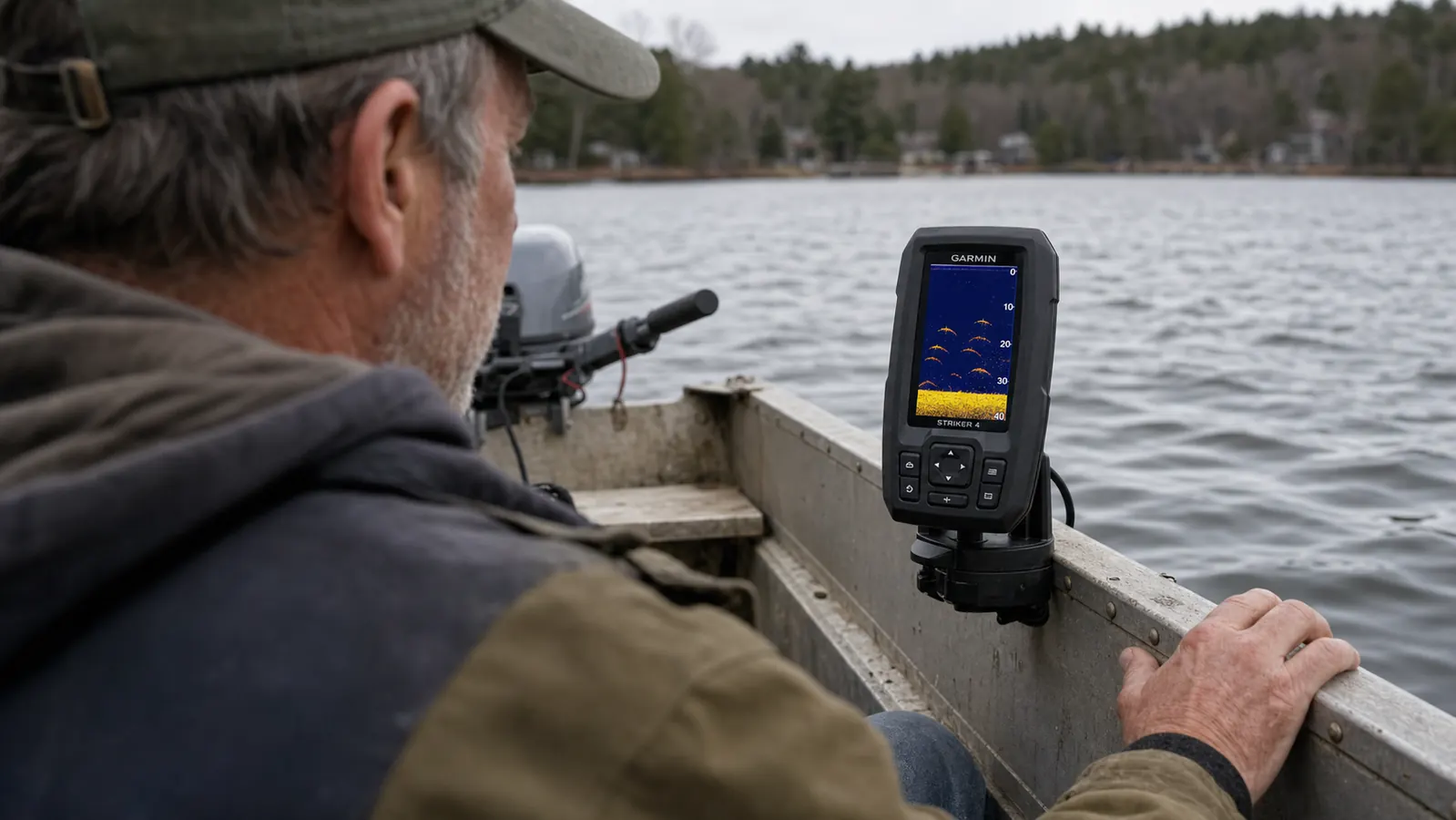 Close-up of a Garmin Striker 4 fish finder screen showing arches over structure
