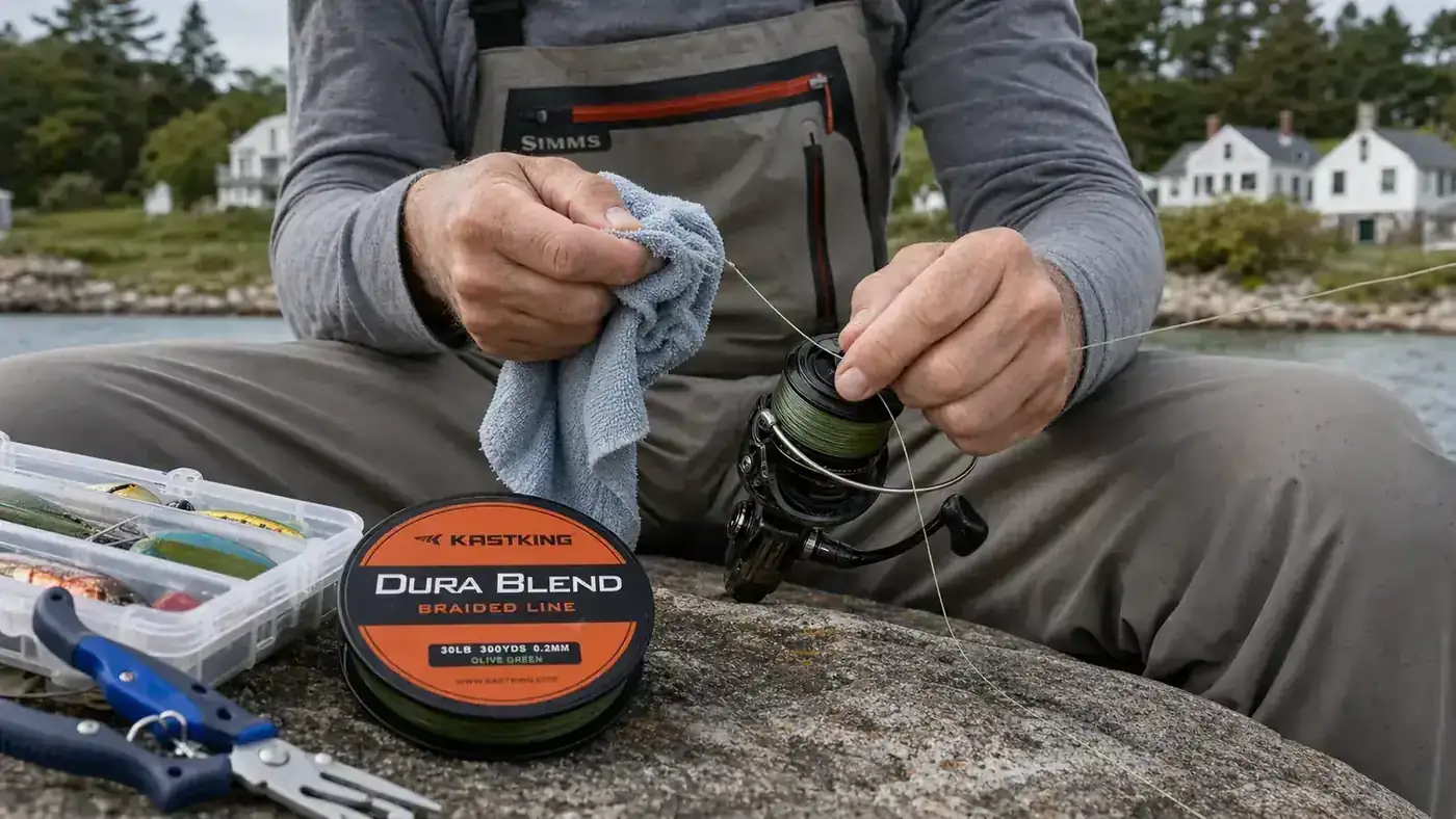 Close-up of a hand holding a damp cloth against braided line while winding it onto a spinning reel spool