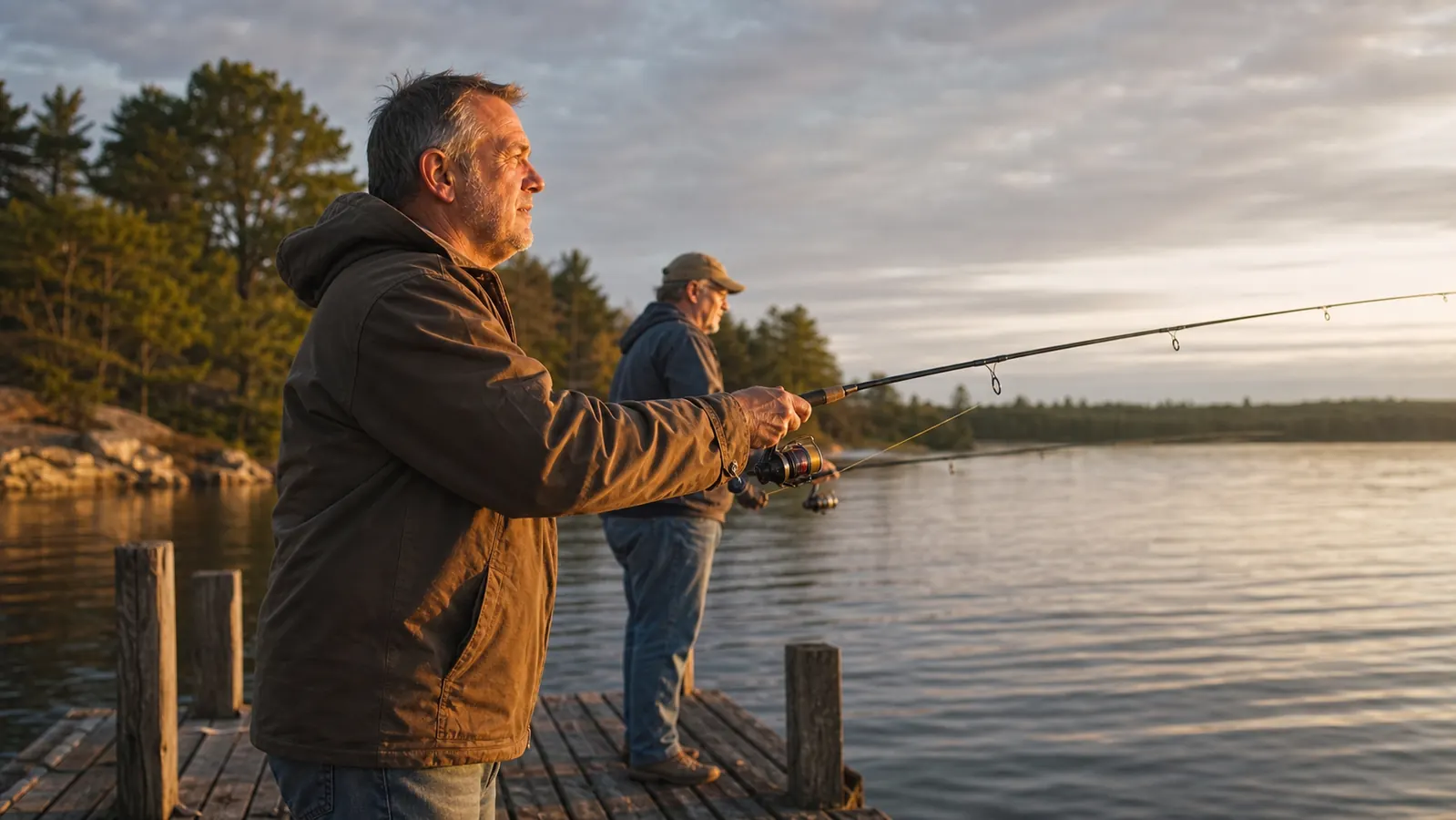 Two anglers casting off a dock in the evening to test freshly spooled line before a fishing trip