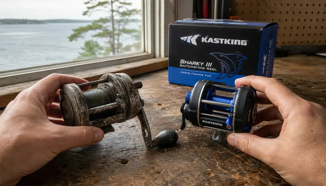 Close-up of a hand testing an old, stiff reel handle beside a new KastKing Centron spinning reel still in its packaging on a workbench