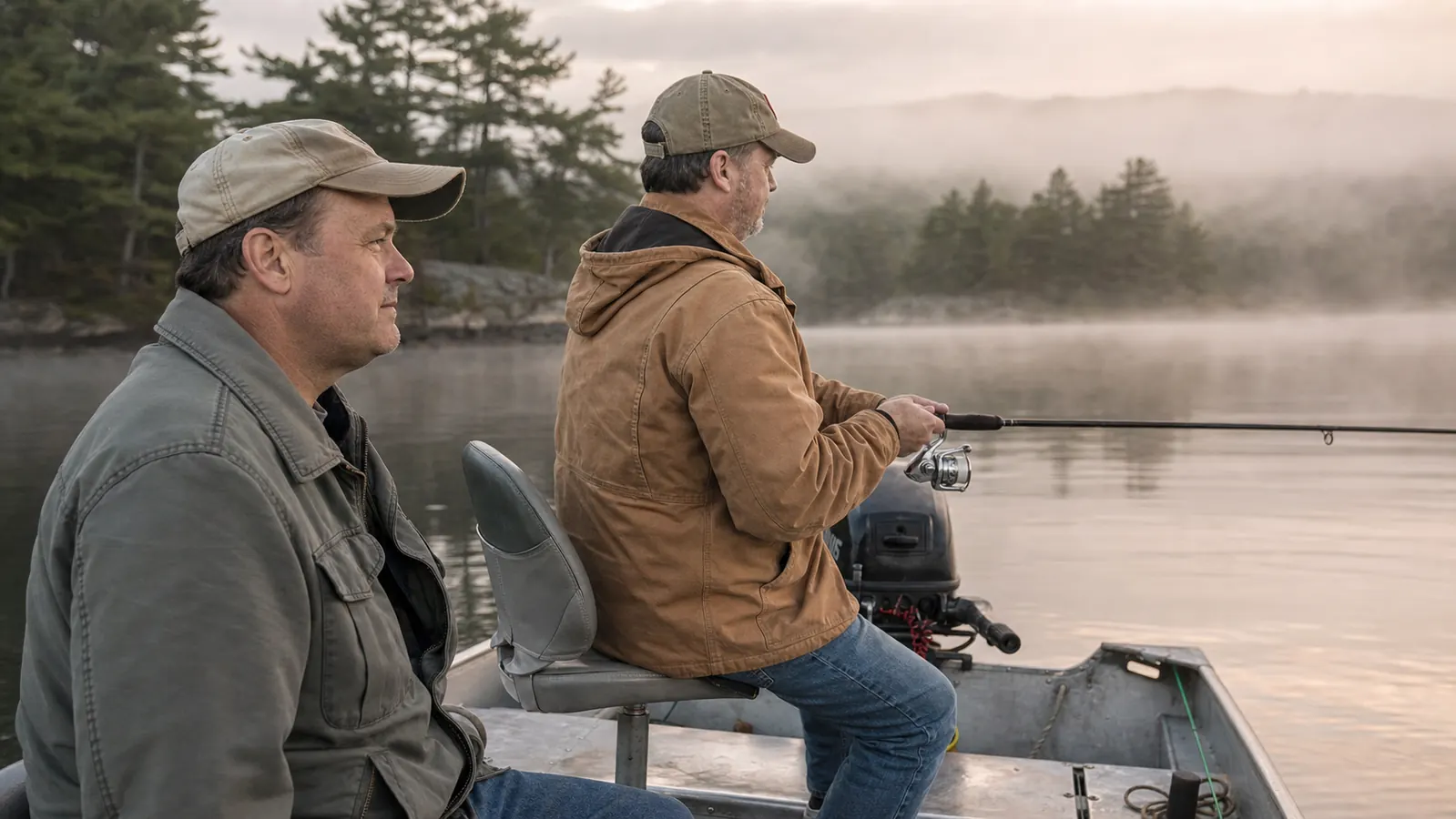 Two men fishing from a 16-foot aluminum boat on a calm New Hampshire lake in early morning light