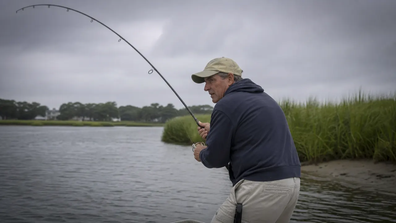 Angler fighting a striped bass from a small boat on a calm coastal inlet in southern Maine