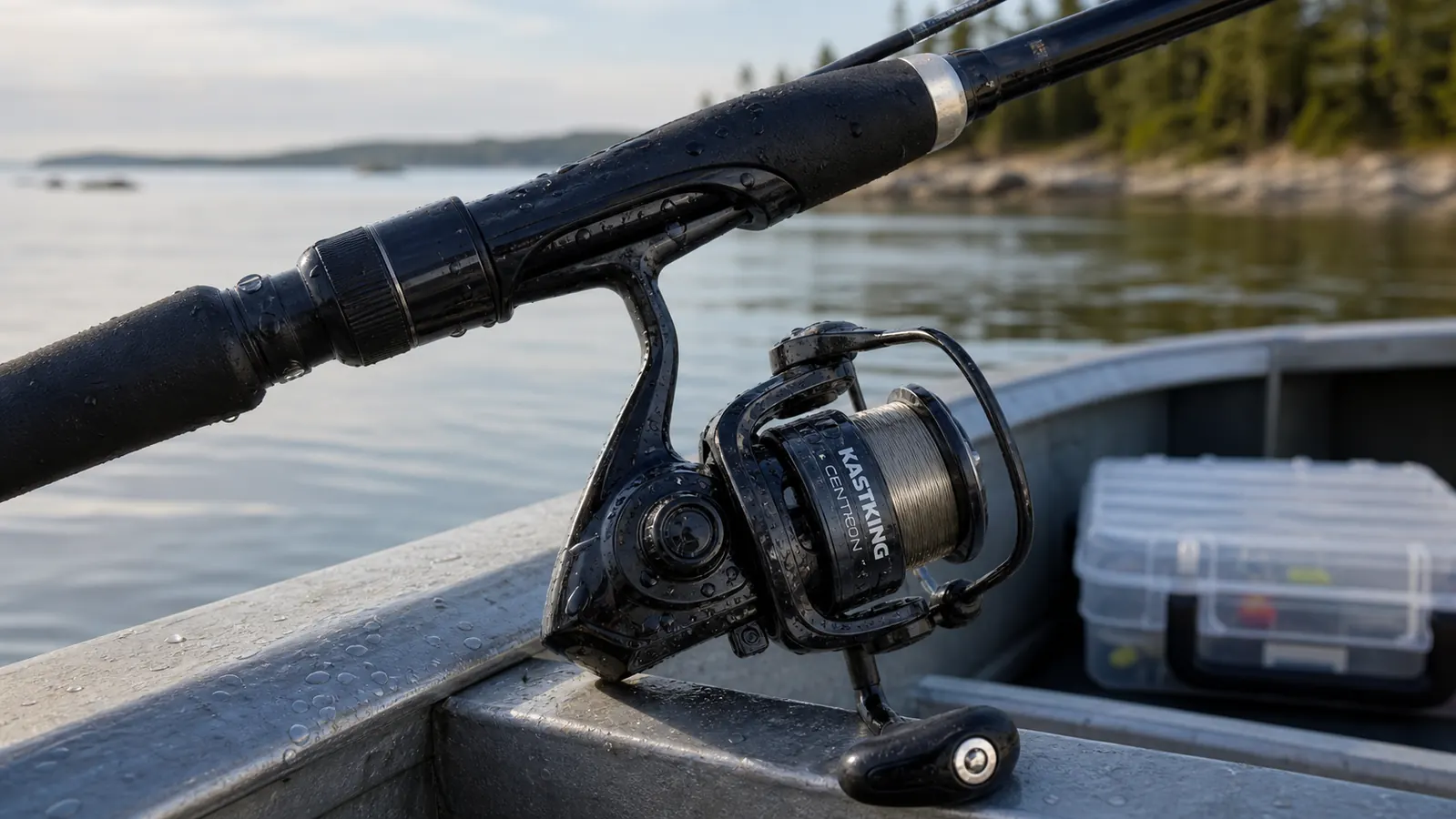 Close-up of the KastKing Centron reel mounted on a rod, spooled with monofilament, resting on a boat seat