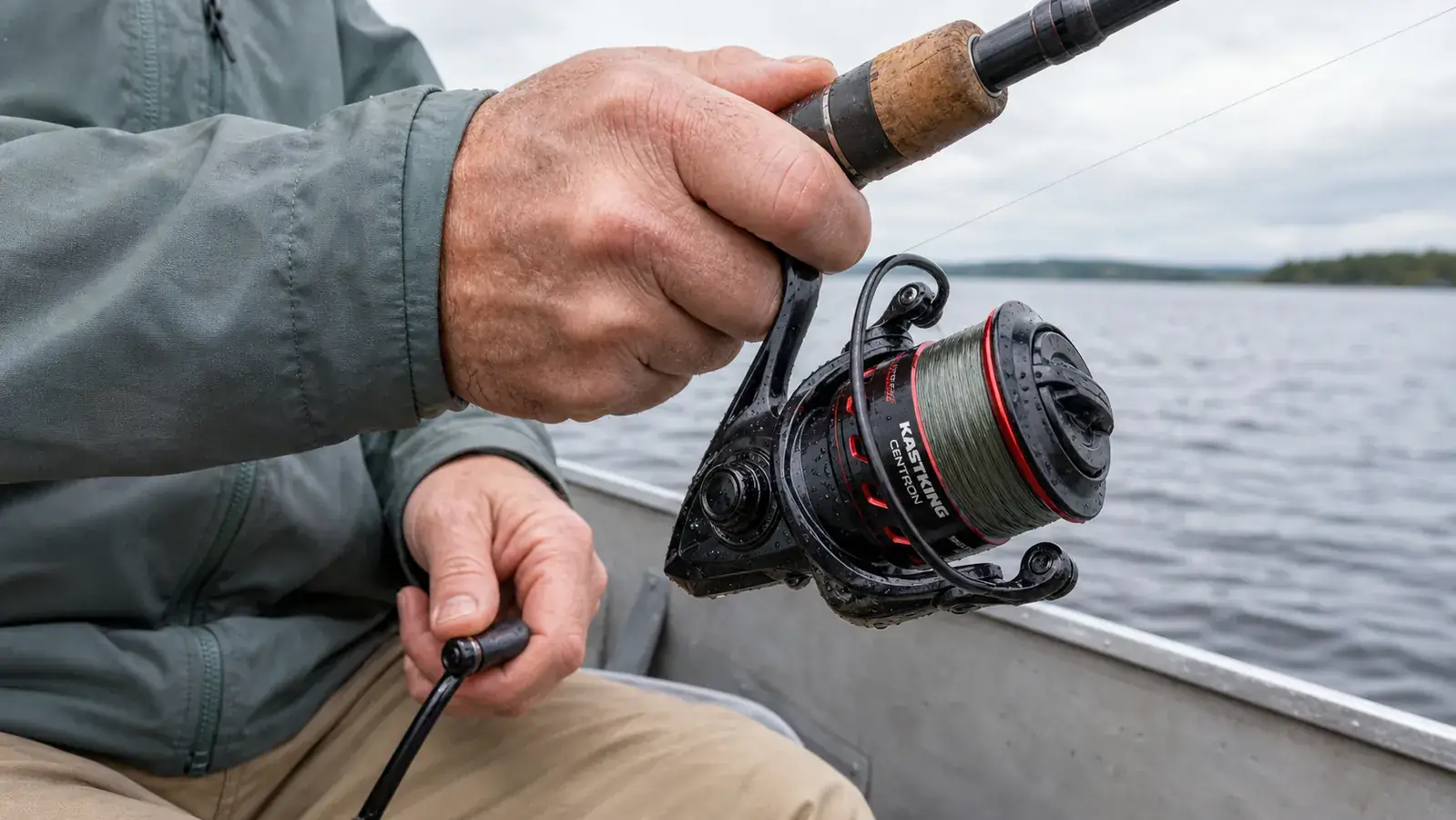 Close-up of a hand palming the KastKing Centron spinning reel while cranking the handle at the edge of a boat
