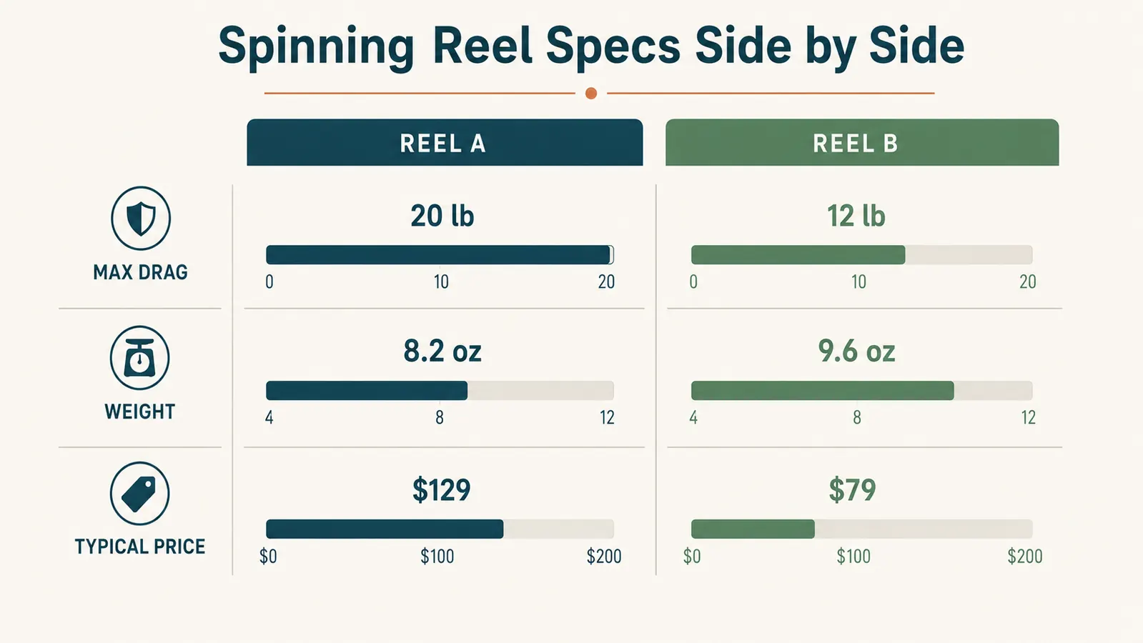 Simple side-by-side spec comparison chart for two spinning reels covering drag, weight, and price