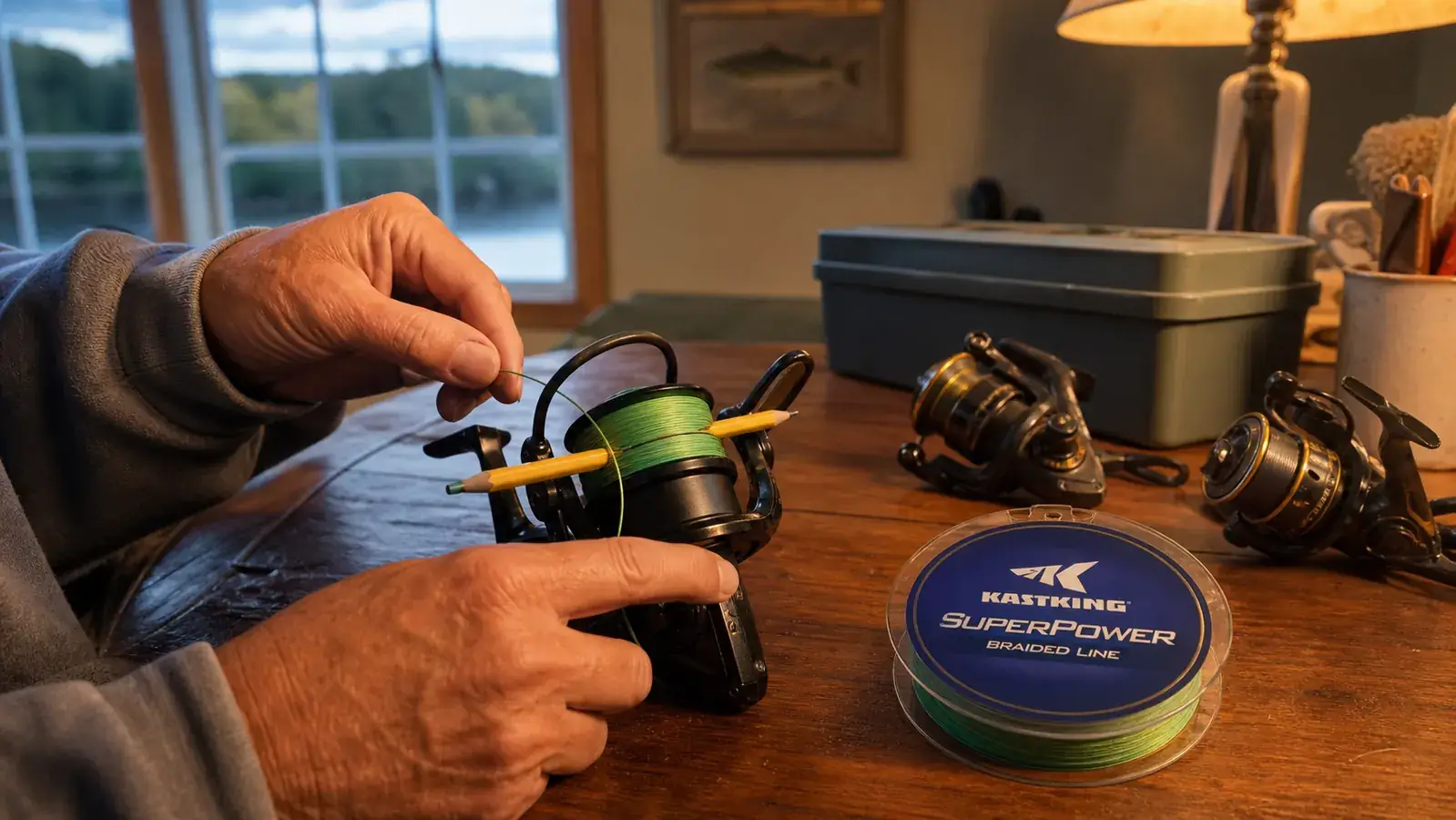 A man's hands spooling fresh green braided fishing line onto a spinning reel at a kitchen table with a pencil through the spool for tension