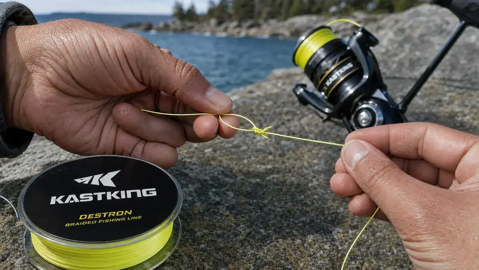 Close-up of hands tying a Palomar knot in bright yellow braided fishing line