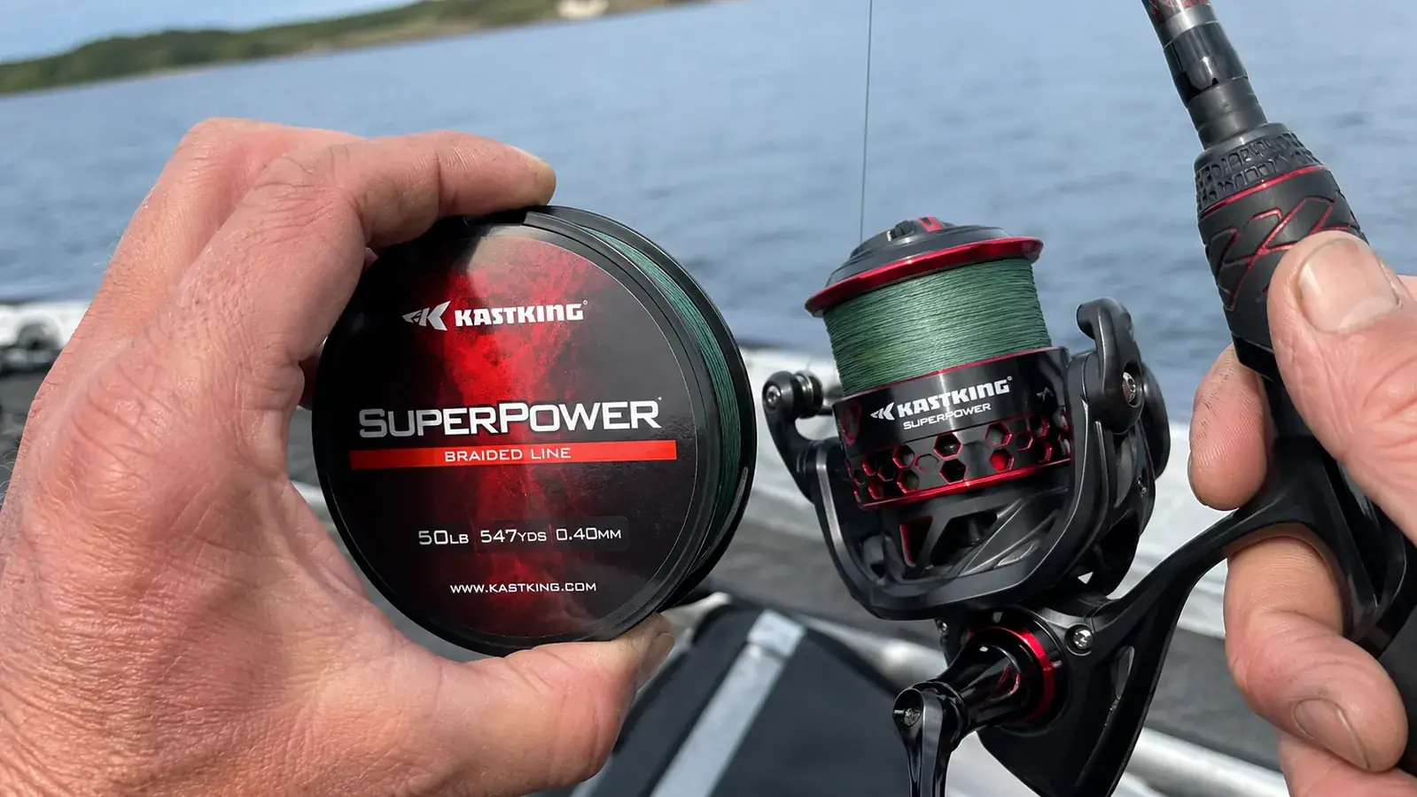 Close-up of a spinning reel spool loaded with moss green braided fishing line, hand testing line tension