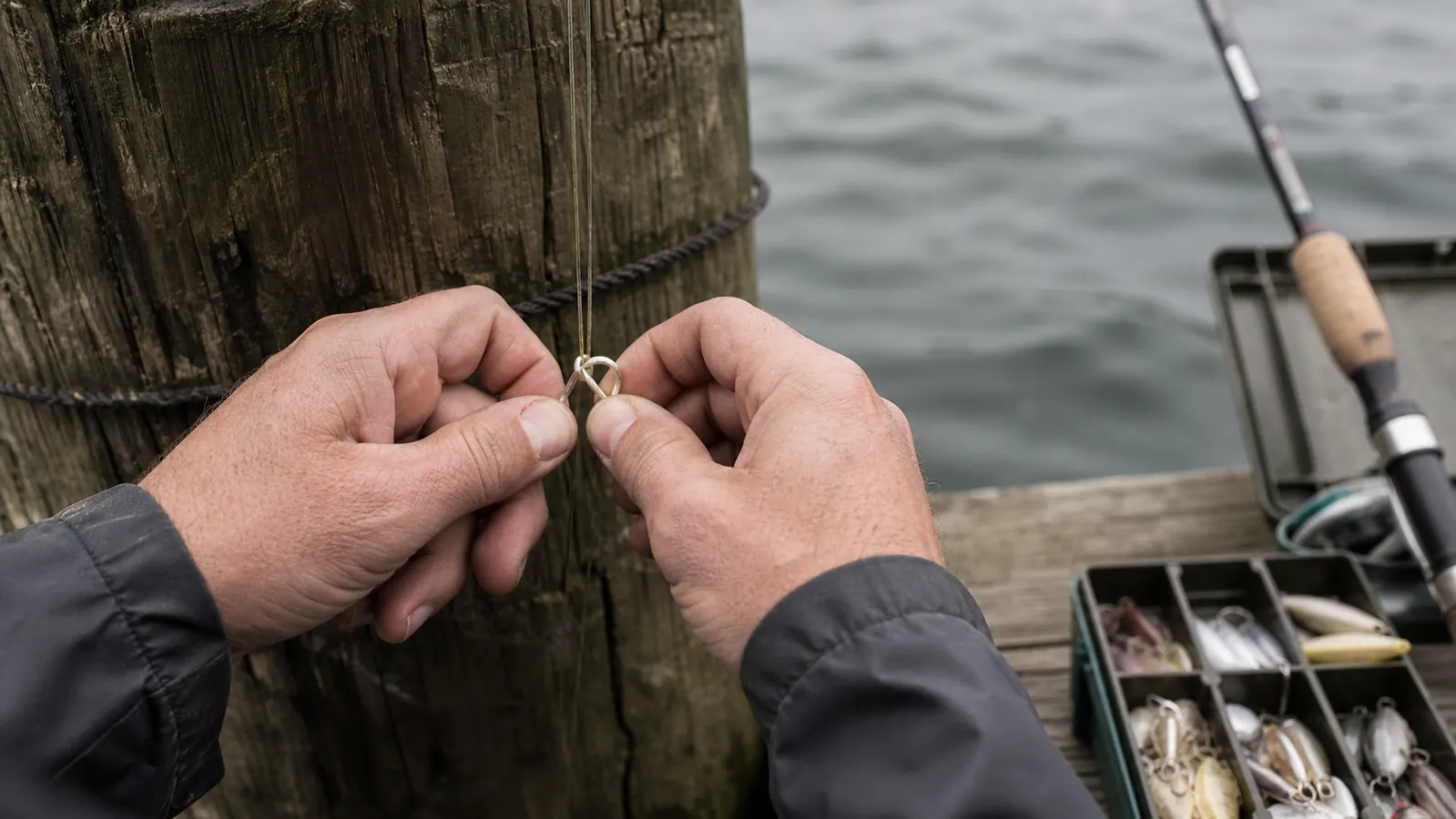 Angler tying a knot in braided line at a wooden dock piling with a rod resting nearby