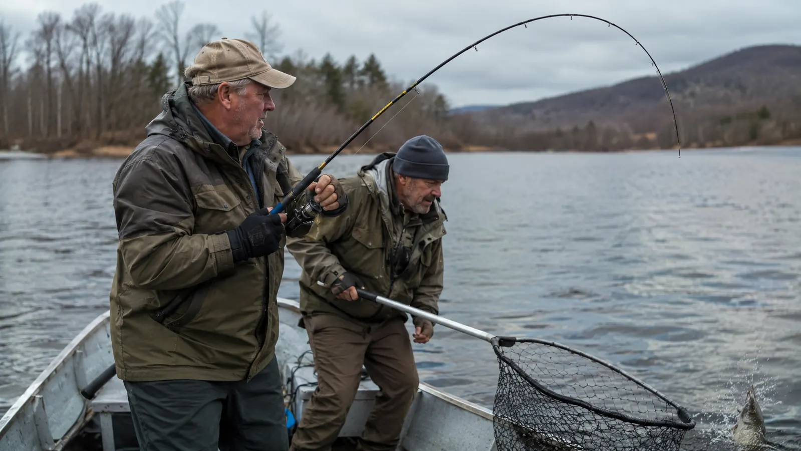 Two anglers in a small boat on a river, one holding a rod bent under the weight of a fish