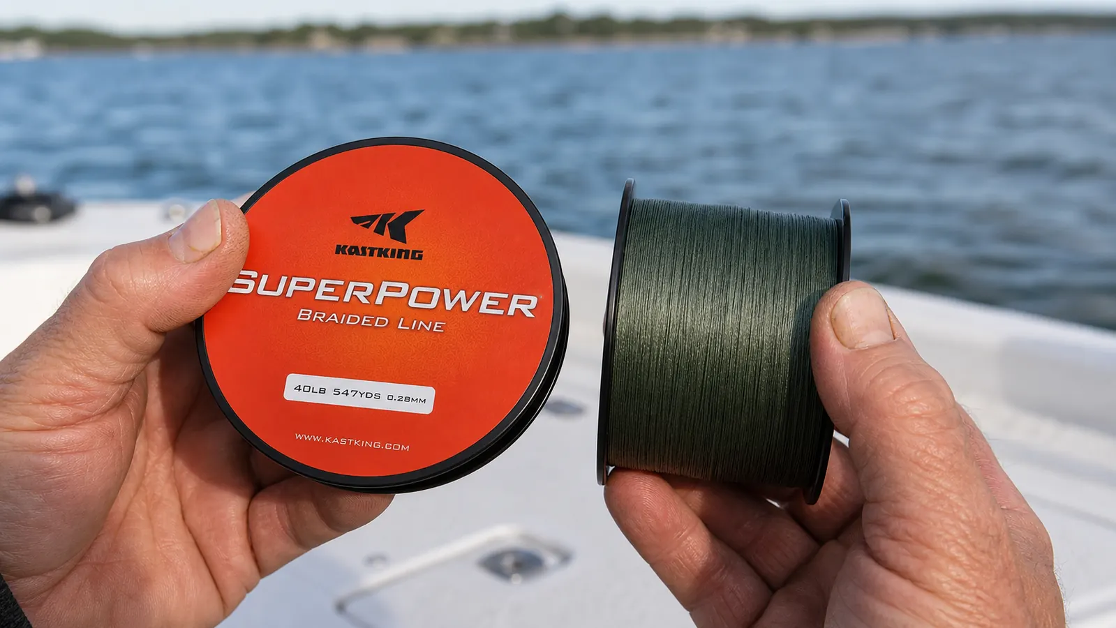 Close-up of a hand comparing two spools of braided fishing line, one moss green and one bright yellow, held side by side