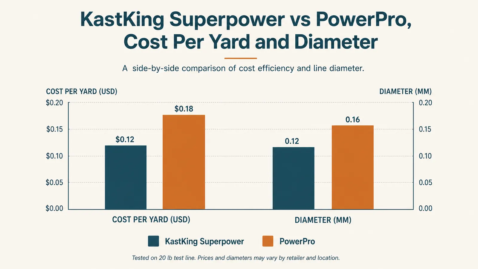 Bar chart comparing cost per yard, diameter, and abrasion wear between two braided fishing lines