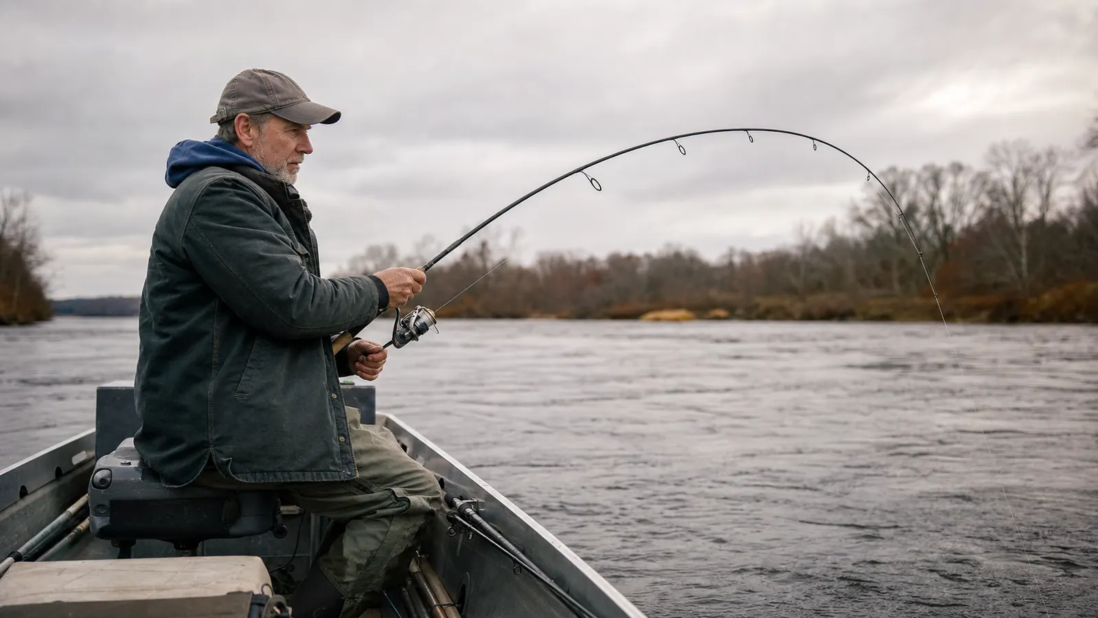 Angler fighting a fish from a small boat on a river with a bent rod and braided line cutting the water