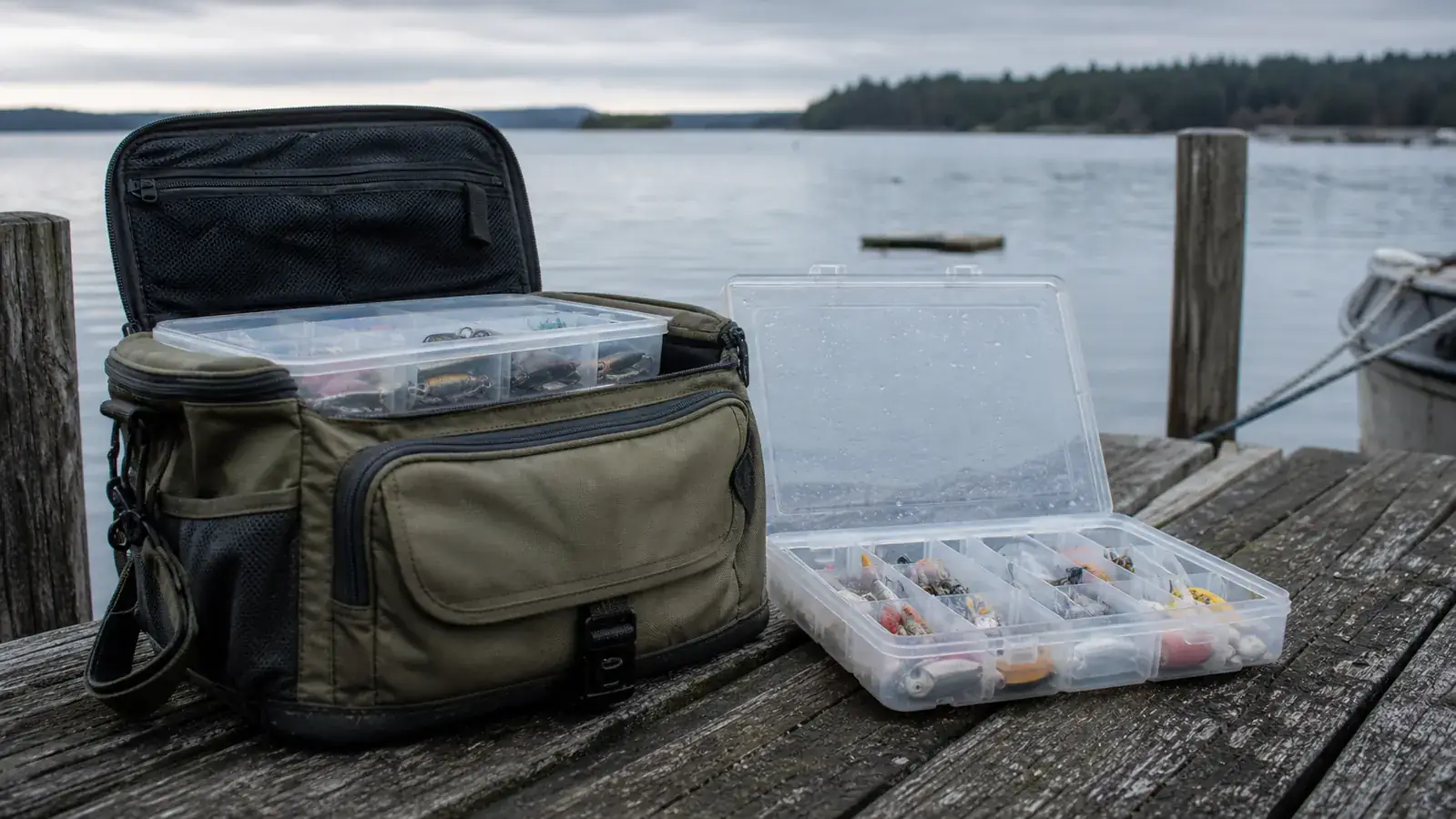 Soft tackle bag with tray inserts sitting open next to a hard tackle tray box on a dock at sunrise