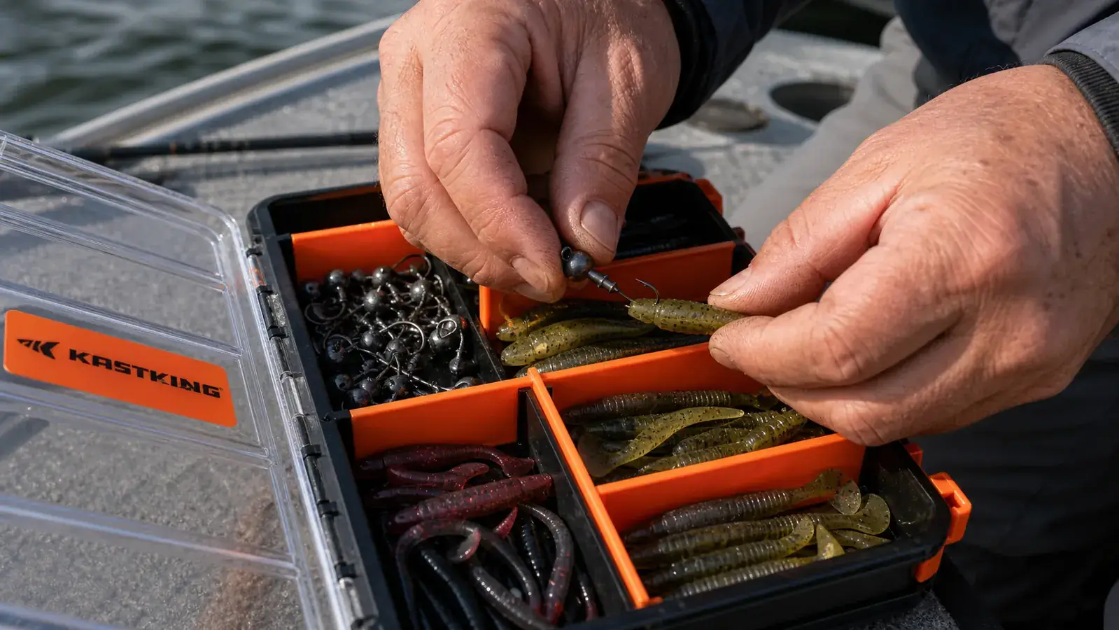 Close-up hands sorting jig heads and soft plastics into the removable dividers of a KastKing tackle tray