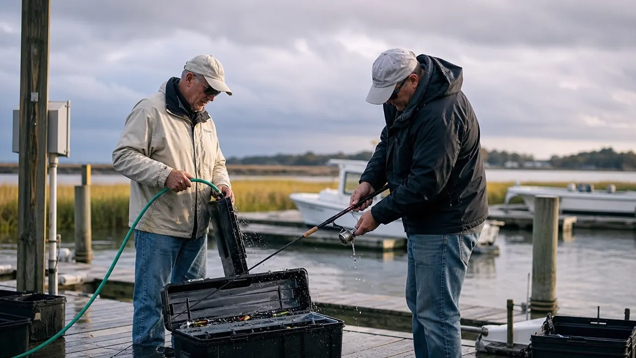 Two anglers rinsing tackle gear with a hose at a dock after a coastal striper fishing trip